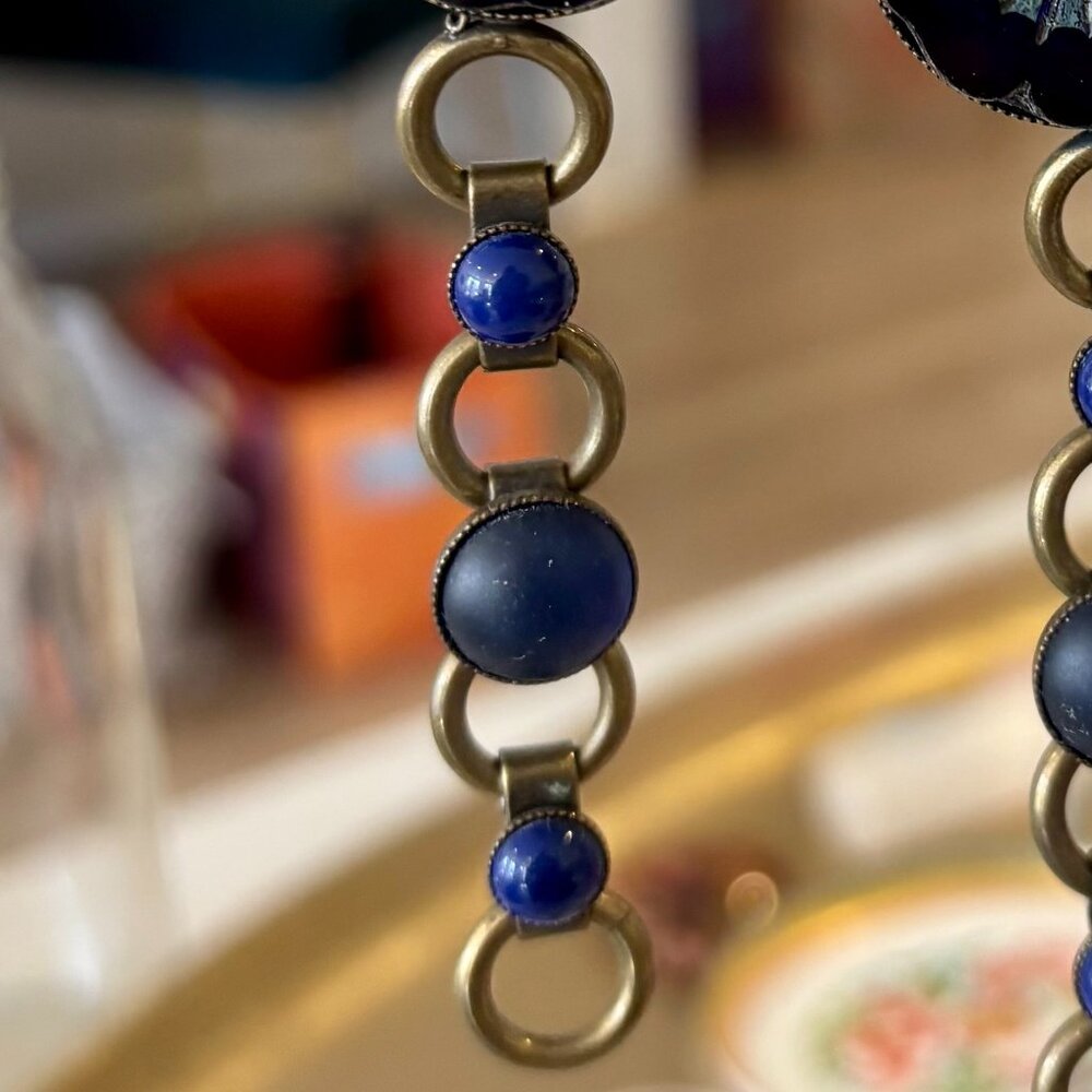Vintage Blue Flower Drop Earrings, Clip-On - Picture 5 of 5